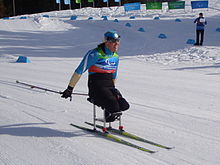 A woman sitting on sit-skis, she is pushing herself with two poles