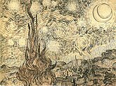 A drawing of a landscape in which the starry night sky takes up two-thirds of the picture. In the left foreground a cypress tree extends from the bottom to the top of the picture. To the left, village houses and a church with a tall steeple are clustered at the foot of a mountain range. In the upper right is a crescent moon surrounded by a halo of light. There are many bright stars large and small, each surrounded by swirling halos. Across the centre of the sky the Milky Way is represented as a double swirling vortex