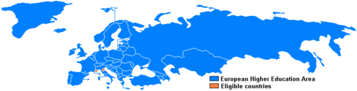 Blue map of Eurasia and Greenland, with Monaco and San Marino in orange