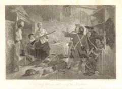 Scene of Nancy Morgan Hart on the left with musket raised and child hiding behind her skirts, and behind; on the right two Loyalist soldiers are lying on the floor, and three are raising their hands defensively in alarm.
