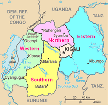 Map of Rwanda showing the five provinces in various colours, as well as major cities, lakes, rivers, and areas of neighbouring countries