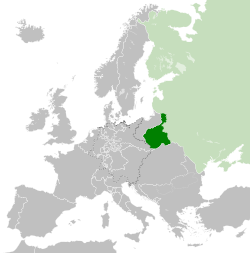 แผนที่สภาคองเกรสโปแลนด์ราวปี 1815 ตามรัฐสภาเวียนนา จักรวรรดิรัสเซียแสดงเป็นสีเขียวอ่อน