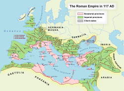 The Roman Empire in AD 117 at its greatest extent, at the time of Trajan's death