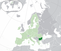 Ubicación de Bulgaria (verde oscuro) - en Europa (verde y gris oscuro) - en la Unión Europea (verde) - [Leyenda]