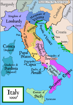 Italië in 1000. Die Emiraat van Sisilië is liggroen gekleur.