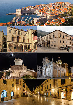 ด้านบน: เมืองเก่าของดูบรอฟนิกซ้ายที่สอง: พระราชวัง Sponza ขวาที่สอง: พระราชวังอธิการซ้ายที่สาม: กำแพงเมืองขวาที่สาม: วิหาร Dubrovnik ด้านล่าง: Stradun ถนนสายหลักของเมือง