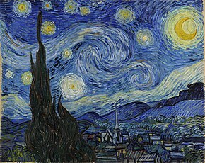 A landscape in which the starry night sky takes up two-thirds of the picture. In the left foreground a dark pointed cypress tree extends from the bottom to the top of the picture. To the left, village houses and a church with a tall steeple are clustered at the foot of a mountain range. The sky is deep blue. In the upper right is a yellow crescent moon surrounded by a halo of light. There are many bright stars large and small, each surrounded by swirling halos. Across the centre of the sky the Milky Way is represented as a double swirling vortex.