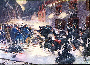 ในฉากการต่อสู้บนท้องถนนกองทหารอเมริกันและอังกฤษเคลือบสีน้ำเงินเผชิญหน้ากันท่ามกลางพายุหิมะ  กำแพงเมืองสูงมองเห็นเป็นฉากหลังทางด้านซ้ายและผู้ชายก็ยิงจากหน้าต่างชั้นสองของอาคารที่เรียงรายไปตามช่องทางแคบ  ร่างและบันไดปรับขนาดนอนอยู่ในหิมะเปื้อนเลือดเบื้องหน้า