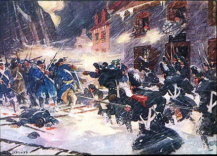 Snow-covered street fighting of British and Tory Provincials repulsing an American assault