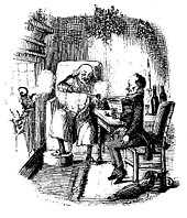Black and white drawing of Scrooge and Bob Cratchit having a drink in front of a large fire