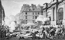 Etching of a street, there are many pockets of smoke due to a group of republican artillery firing on royalists across the street at the entrance to a building