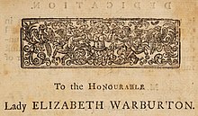 Underneath a decorative frieze, the words "To the Honourable Lady Elizabeth Warburton"