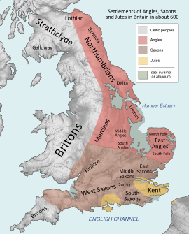 แผนที่ของอังกฤษและเวลส์ ชาวอังกฤษอยู่ทางทิศตะวันตก Northumbrians ทางเหนือ Mercians อยู่ตรงกลาง Saxons ทางใต้และ Angles ในตะวันออกกลาง มีกลุ่มเล็ก ๆ จำนวนมาก