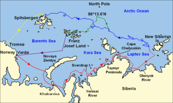 A map of the sea and island archipelagos north of Siberia. Five colored lines indicate the ship's and Nansen's individual routes.