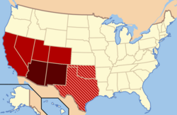 Though regional definitions vary from source to source, Arizona and New Mexico (in dark red) are almost always considered the core, modern-day Southwest. The brighter red and striped states may or may not be considered part of this region. The brighter red states (California, Colorado, Nevada, and Utah) are also classified as part of the West by the U.S. Census Bureau, though the striped states are not; Oklahoma and Texas are often classified as part of the South.[1]