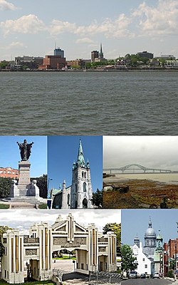 จากซ้ายบน: ตัวเมืองมองเห็นได้จากแม่น้ำ St. Lawrence, อนุสาวรีย์ Sacré-Coeur, วิหาร Trois-Rivières, สะพาน Laviolette, ประตู Pacifique Du Plessis, อาราม Ursulines