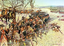 Left foreground, curving into the center, double line of Continental infantry, braced with their muskets and bayonets held at the ready; in the left background, US cavalry is charging towards lines of British infantry in the right background; immediately behind the US infantry is the occasional sergeant in formation; behind the line are two mounted US officers under a winter tree.