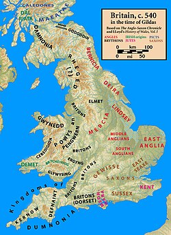 Britain around the year 540. Anglo-Saxon kingdom's names are coloured red. Britonnic kingdoms' names are coloured black.