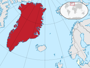 ที่ตั้งของกรีนแลนด์ (สีแดง) ในราชอาณาจักรเดนมาร์ก (สีแดงและสีเบจ)