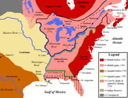 MAP of the 1763 Treaty of Paris claims in North America by the British and Spanish. The British claim east of the Mississippi River, including the Floridas ceded by Spain, and the previous French North America along the St. Lawrence River, west through the Great Lakes, and southerly along the east bank of the Mississippi River. Spanish claims added French cessions from French Louisiana east to the Mississippi River.