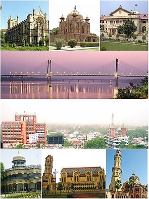 ตามเข็มนาฬิกาจากบนซ้าย: วิหาร All Saints, Khusro Bagh, ศาลสูงอัลลาฮาบัด, สะพาน New Yamuna ใกล้ Sangam, เส้นขอบฟ้าของ Civil Lines, University of Allahabad, Thornhill Mayne Memorial ที่ Alfred Park และ Anand Bhavan