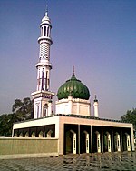 Mosque-like building with green onion-shaped dome and a tall minaret