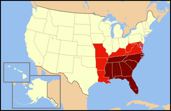 Dark red states are usually included in definitions of the Southeastern United States. Light red states are considered 