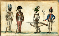 A scene of four uniformed soldiers of the Continental 1st Rhode Island Regiment. On the left, a black and a white soldier formally at "Attention" with Brown Bess muskets; on the right, a downcast white soldier walking back into formation with an officer barking at him holding a cat-o-nine tails for flogging.