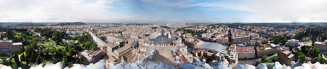 360-degree view from the dome of St. Peter's Basilica, looking over the Vatican's Saint Peter's Square (centre) and out into Rome, showing Vatican City in all directions