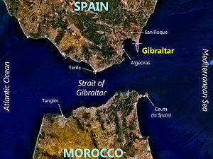 Satellite view of the Strait of Gibraltar, with key locations marked