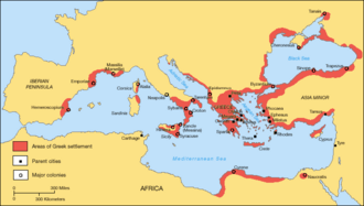Map of Greek coastal settlements throughout the Mediterranean and Black Sea