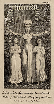 Engraving showing a female teacher holding her arms up in the shape of a cross. There is one female child on each side of her, both gazing up at her.