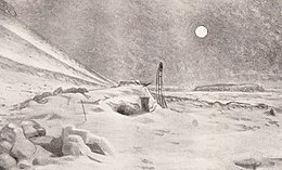Artist's impression: A full moon in a dark sky; on the ground a mound of snow with a small square opening indicates the hut, with an upturned sledge standing outside. The surrounding area is all desolate snow and ice fields.