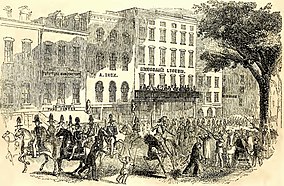 Engraving showing a Fourth of July procession passing Brougham's Lyceum