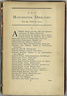 Page headed "The Manchester Directory for the Year 1772". Below which is a list of names from Archer to Allen