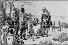 A pen drawing of two men in 16th-century Dutch clothing presenting an open box of items to a group of Native Americans in feather headdresses stereotypical of plains tribes.
