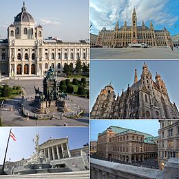 Desde arriba, de izquierda a derecha: Kunsthistorisches Museum, Ayuntamiento de Viena, Catedral de San Esteban, Ópera Estatal de Viena y Edificio del Parlamento de Austria