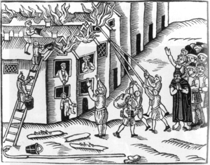 Woodcut image showing how firehooks are used to help tear down buildings to stop fires from spreading, as seen during a fire at Tiverton in Devon, England, 1612
