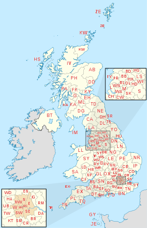 แผนที่ของสหราชอาณาจักรและการขึ้นต่อกันของ Crown แสดงขอบเขตของพื้นที่รหัสไปรษณีย์