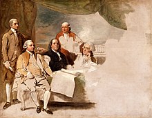 Portrait of the four principal US ministers in Paris; left to right, John Jay, John Adams, Benjamin Franklin, Henry Laurens, and their secretary on the far right.