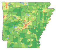 Map of Arkansas, showing density of population by county.
