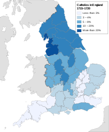A map of England, showing all Northern counties at least 10% Catholic and Lancashire more than 20% Catholic.