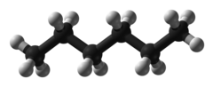 The 3d ball representation of hexane, with carbon (black) and hydrogen (white) shown explicitly.