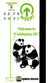 Metro farecard has a column of printed dollar amounts, a magnetic strip along the edge, and in this example a drawing of two pandas.