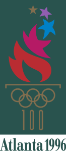 حريق ، ينبعث من العديد من النجوم ذات الألوان المختلفة ، يحترق من مرجل يمثله الحلقات الأولمبية الذهبية اللون والرقم 