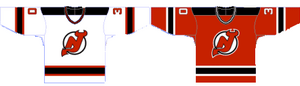 Two jerseys, the left primarily white, the right mostly red. Both feature red, white and black stripes at the bottom and the sleeves. The shoulders have a black yoke.
