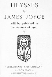 Page saying 'ULYSSES by JAMES JOYCE will be published in the Autumn of 1921 by "SHAKESPEARE AND COMPANY" – SYLVIA BEACH – 8, RUE DUPUYTREN, PARIS – VIe'