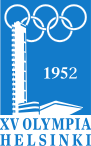 Ein blauer Hintergrund wird auf der linken Seite von einer weiß schattierten Struktur durchdrungen, die den Turm und die Tribüne des Olympiastadions von Helsinki darstellt. Oben auf dem blauen Hintergrund liegen die ebenfalls weißen olympischen Ringe, teilweise verdeckt vom Stadionturm. Das Wort 